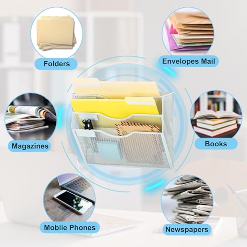 EASEPRES Magnetic 3 Pocket Mesh Hanging Wall File Organizer, Wall Mounted Mail Paper Document Folder Holder, Clipboard Storage Magazine Rack with Nametag Label for Office Home School, White - color: White, size: 3 Tier Magnetic
