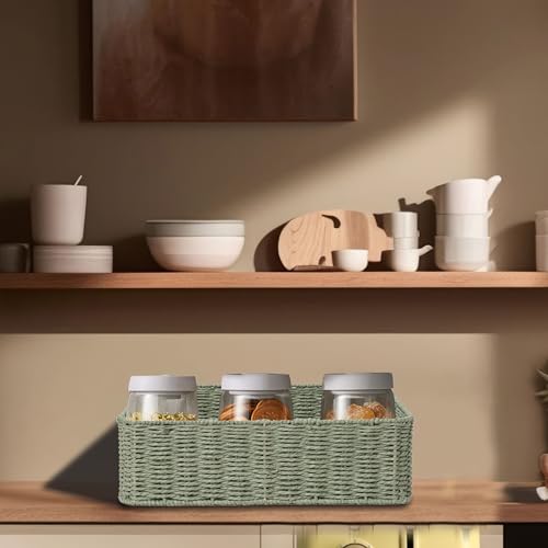 Drawer basket Handwoven Paper Rope Rectangular Shallow Basket Storage-15.35X12.01X4.72 Inches (Green) - color: Green