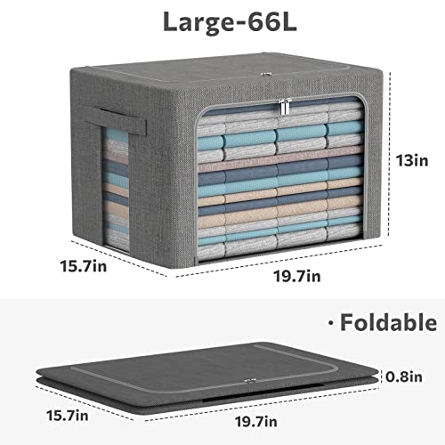 CYhom 3Pack Foldable Storage Bins - Frame Storage Box Linen Fabric Stackable Clothes Container Organizer with Clear Window & Carry Handles Large Capacity (Large-66L, Dark Gray) - color: Dark Gray, size: Large-66L