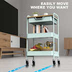 3 Tier Rolling Cart, Utility Cart with Drawer and Table Top, Metal Rolling Kitchen Storage Organizer Cart with Handle and Locking Wheels for Bathroom Office Balcony Living Room - color: Light Green