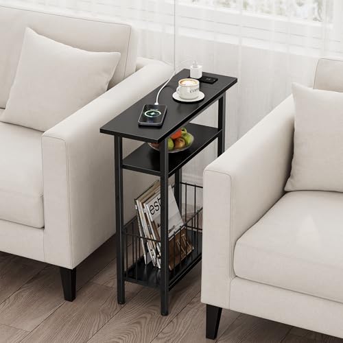 Vagusicc Narrow Side Table with Charging Station, 3-Tier Skinny Side End Table for Couch, Small End Tables for Small Spaces, 25.2" Tall Slim Nightstand Bedside Table for Living Room, Bedroom, Black - color: Black, style: With Plug