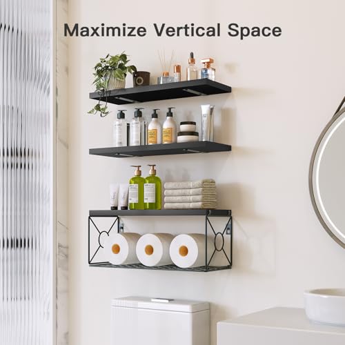 Amada Bathroom Shelves Over Toilet with Storage Basket, Floating Wall Shelf for Home Organization & Wall Decor, Bathroom/Kitchen/Living Room Shelves–Black - color: Black