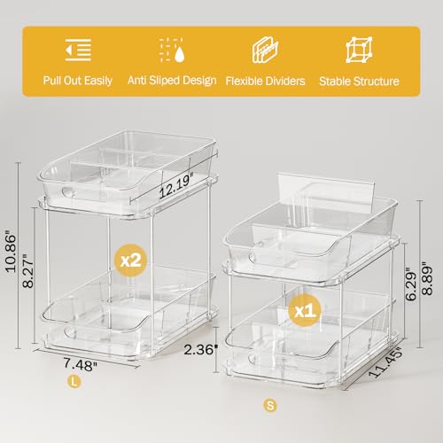 Delamu 2-Tier Under Sink Organizers and Storage, Multi-Purpose Stackable Bathroom Cabinet organizers, Pull Out Kitchen Pantry Organization and Storage with Dividers(3 Pack, Clear) - color: Clear, size: 3 Pack