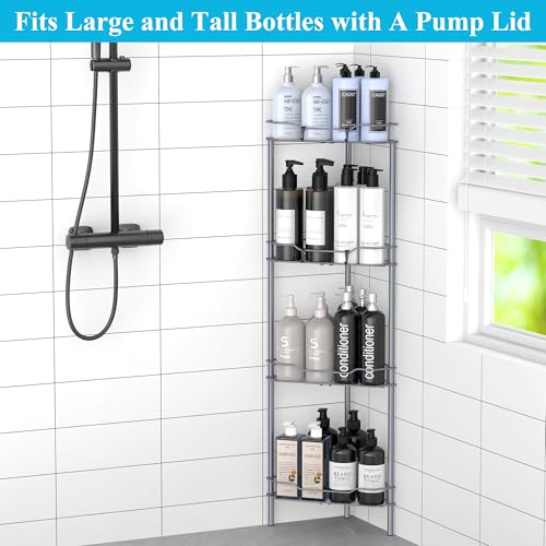 HuggieGems 4 Tier Floor Standing Corner Shower Caddy Organizer Shelf with Hooks, Bathroom Shelves Stand Rack, Dark Gray - color: Dark Gray, size: 4 Tier