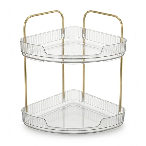 2-Tier Acrylic Corner Bathroom Organizer with Handle Round Skincare & Makeup Storage Tray, Waterproof, Lightweight, Heat Resistant Vanity Shelf for Countertop, Kitchen, Bedroom, Dresser