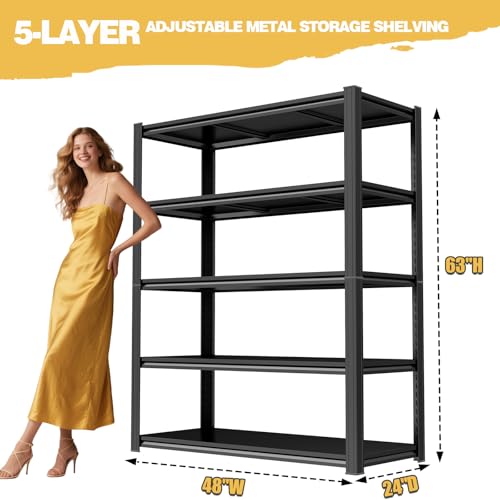 Metal Garage Shelving Unit, Heavy Duty Storage Shelves, 5-Tier Adjustable Storage Shelving, Utility Steel Shelf for Kitchen, Pantry, Warehouse, Basement, Shop, Backyard, Black (48"W x24"D x63"H, 5) - size: 48"W x24"D x63"H