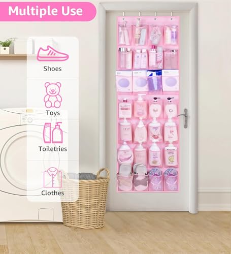 MISSLO Kids Over the Door Shoe Organizer Pink Hanging Shoe Rack Baby Toddler Hanging Shoe Organizer Cute Shoe Holder Girl Room Decor 28 Pockets - color: Pink, size: 22.6x65