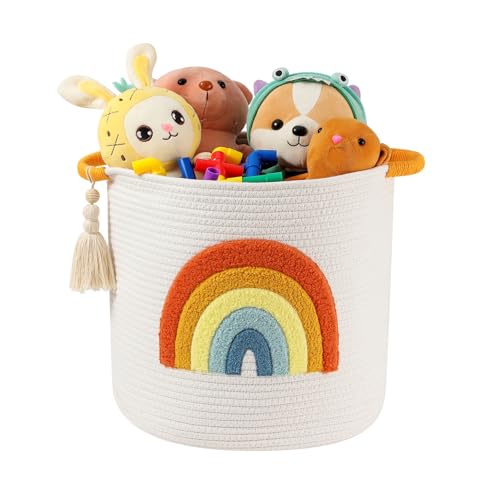 INough Toy Storage Baskets Woven Cotton Rope Storage Basket Kids Blanket Baskets for Living Room, Toys Organizer with Embroidery Colorful Rainbow Decor, Baby Basket for Laundry Nursery (Boho Rainbow) - color: Rainbow O, size: Medium