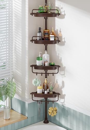 Corner Shower Caddy Tension Pole Brown Shower Caddy 18/8 Stainless Steel Rustproof 4 Tier Adjustable Shower Organizer Bathroom Shelves Storage Rack 32-122inch - color: Brown
