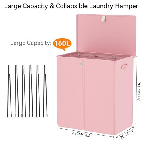 WOWLIVE Laundry Hamper with Lid,160L Large Laundry Basket 3 Section with Removable Washing Bags,Collapsible Waterproof Dirty Clothes Hamper for Laundry Room Bathroom Dorm,Pink - color: Pink, size: 160L (24.8x 14 x 27.5 Inches)