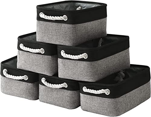TheWarmHome Storage Basket for Organizing - 12x8x5.2 inch Small 6 Pack Collapsible Storage Bin for Shelves with Rope, Fabric Storage Cubes for Cloth Gift Toy Decorative Organizer (Black & Grey) - color: Black&Grey, size: 6PCS/Small -11.8Lx7.9Wx5.2H