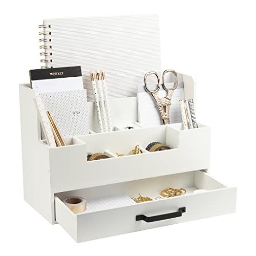 BLU MONACO White Wooden Desk Organizer With Drawer | Desktop Storage With Drawers | Multi-Compartment Desk Caddy for Home Office | 5.7”D x 12.9”W x 9”H Tabletop Accessory Holder