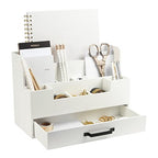 BLU MONACO White Wooden Desk Organizer With Drawer | Desktop Storage With Drawers | Multi-Compartment Desk Caddy for Home Office | 5.7”D x 12.9”W x 9”H Tabletop Accessory Holder