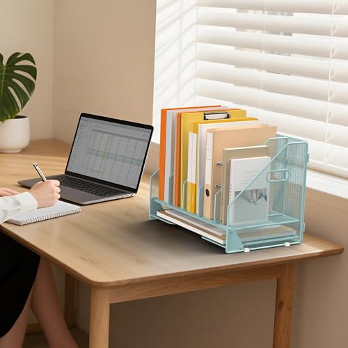 Desk File Folder Holder Organizer-5 Vertical Compartments Racks and Paper Letter Tray,Mesh Magazine File Holder Sorter,Desktop Accessories & Workspace Organizers for Home,Office,School-Blue - color: 5 Compartments-blue