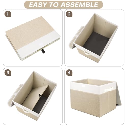 Bagnizer Large 22 Quart Linen Fabric Foldable Storage Bin Cube Organizer Basket with Flip-Top Lid & Handles, Clothes Blanket Box for Home, Office, Closet, Beige & White, 4 Pack 14.6 x 9.5 x 9.5” - color: Beige & White, size: Medium - 4 Pack