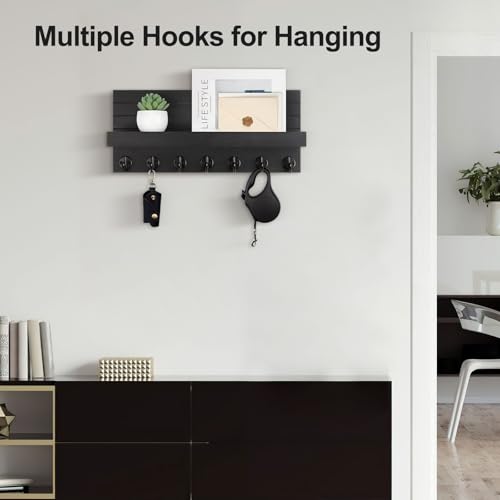 Lwenki Key Holder Wall Mount, Entryway Key and Mail Holder with 7 Sturdy Hooks for Sunglasses, Dog Leash, Decorative Wall Shelf with Mounting Hardware, 15”W x 6.7”H x 4.2”D - color: Black