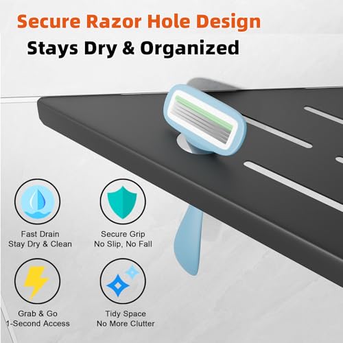 Corner Shower Shelves with Razor Hole, Modern Sturdy Shower Caddy, 10" 304 Stainless Steel Shower Organizers Bathroom Shelf for Tile Wall, No Drilling Grout Mount Shelf for Shower,Bathroom Accessories - color: Black