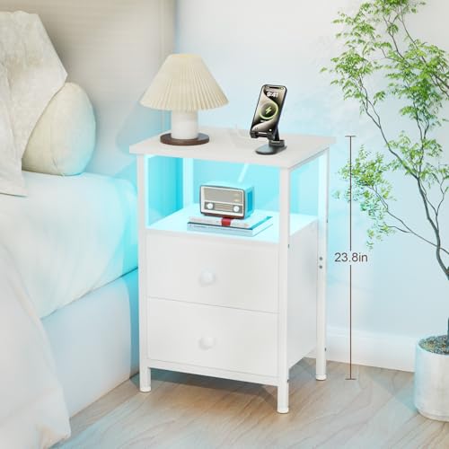 LOAKEKEL LED Night Stand with Charging Station, Small Bedside Table with USB Ports & Outlets, 2 Fabric Storage Drawers with PU Finish for Bedroom, White, HETS02WT-1 - color: White, style: Two-drawer