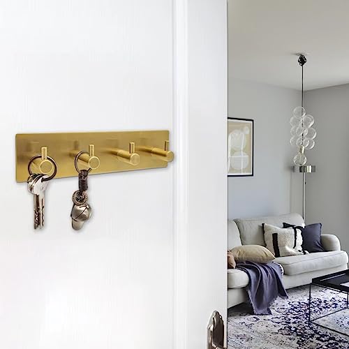 Self Adhesive Key Hook Rack with 4 Hooks for Keys, Masks - Wall Mounted Entryway, Hallway Hanger - Gold - color: Gold