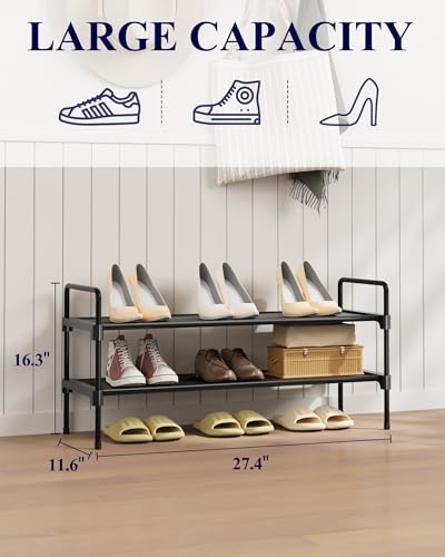 Kitsure Shoe Rack for Closet, Shoe Organizer for Front Door Entrance, Stackable Shoe Shelf, Detachable Closet Organizers and Storage, 27.4" Wide - 2 Tiers, Black - color: Black, size: 27.4" Wide - 2 Tiers