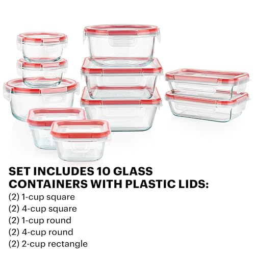 Pyrex Freshlock (10-Pack) Mixed Sized Airtight Glass Food Storage Container Set, Non Toxic, with Plastic BPA-Free Leakproof Locking Lids - size: 10 Pack