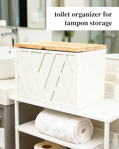 Tampon Holder for Bathroom Decor Feminine Product Organizer With Lid Shark Week Box Wooden Pad Girl Stuff Box (BLACK, lid) (1, WHITE) - color: White