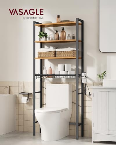 VASAGLE Over the Toilet Storage, Over Toilet Bathroom Organizer with Adjustable Shelves and Basket, 3 Hooks, Space Saving, 9.4 x 23.6 x 68.1 Inches, Rustic Brown UBTS114KD01S - color: Rustic Brown, style: 4 Tiers (68.1" H)