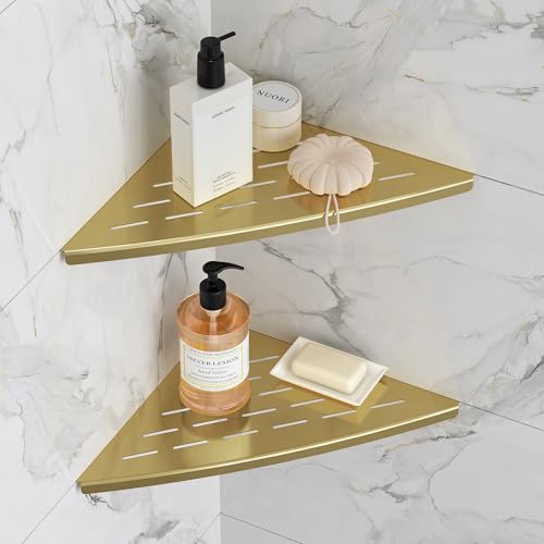 Qeke Corner Shower Shelf Brushed Golden, 304 Stainless Steel 11.5” Recessed Corner Shelf Bathroom for Tiled Wall, Floating Shower Shelves Shampoo Holder, No Drilling, 2 Pack - color: Brushed Golden