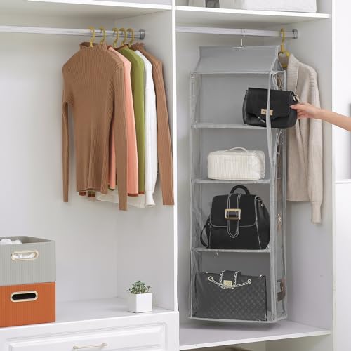 8 Grids in 1 Rotatable Hanging Purse Handbag Organizer with Double Zippers, Visible Purse Organizer for Closet, Fully Enclosed Handbag Storage Holder - color: Grey, size: Rotatable