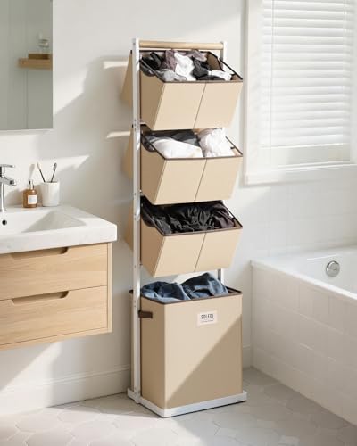 SOLEDI 4 Section Laundry Hamper Sorter, Stackable Laundry Basket Organizer with Removable Basket, 125L 4-Tier Vertical Laundry Sorter for Small Space, Laundry Room, Dorm, Bathroom, Wardrobe Beige - color: Beige