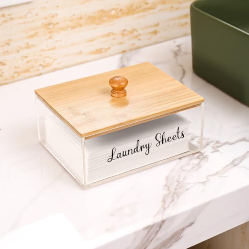 Acrylic Laundry Sheet Holder with Bamboo Lid, Laundry Detergent Sheet Container/Holder/Dispenser, laundry Room Organization and Storage