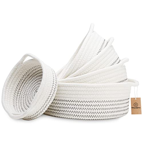 NaturalCozy 5-Piece Round Small Woven Baskets Set– Cotton Rope Baskets for Organizing! Montessori Toys, Fruits Remotes Key Tray Bowl for Entryway Desk, Shallow Catchall Home Décor, Cat Dog Bin Gift - color: Off White & Black Stitching