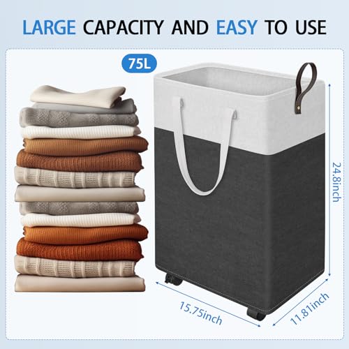 HomeHacks 75L Waterproof Rolling Laundry Hamper - Collapsible Clothes Basket with 4 Wheels for Bathroom, Laundry Room & Dorm, Easy-Clean PEVA Lining, Space-Saving Design(Gray) - color: Gray, size: 75L