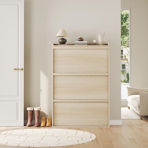 GarveeHome Shoe Cabinet with 3 Flip Drawers, Wooden Shoe Organizer Cabinet with Adjustable Shelf, Shoe Storage for Entryway, Hidden Shoe Cabinet for Hallway, Living Room, Natural Oak - color: Natural Oak, size: 3-Drawers