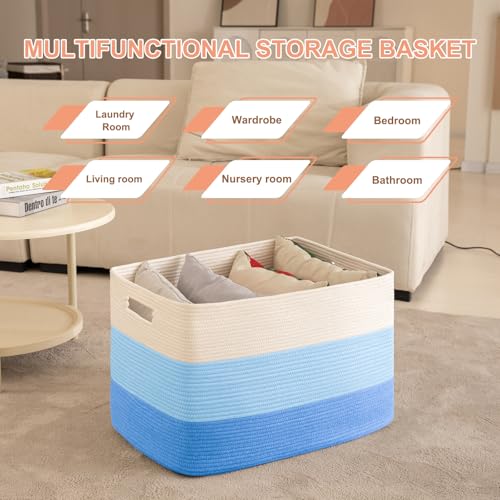 OIAHOMY 108L Super Large Blanket Basket, 25”x16”x16” Rectangle Woven Baskets for Storage, Cotton Rope Basket For Living Room, Toy Storage with Handle - Gradient Light Blue - color: Gradient Light Blue