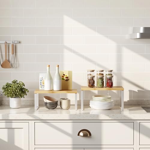 HOOBRO Cabinet Organizer Shelf, Set of 4 Kitchen Counter Shelves, Expandable Kitchen Storage, Stackable Bamboo Spice Rack, for Kitchen, Countertop, Office Desk, Bathroom, Natural and White YW30TLP201 - color: Natural, White