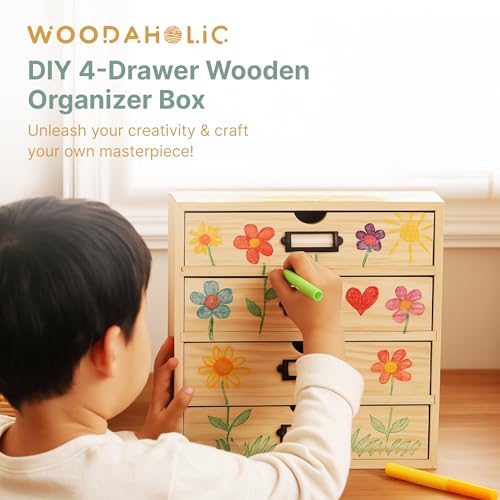 DIY Wooden Desk Organizer with Drawers – Unfinished 4-Drawer Desktop Storage Box – Personalizable Wood Desk Organizer for Crafts, Office, or Home – Compact Wooden Storage Drawers Ready to Decorate - color: DIY Plain Wood