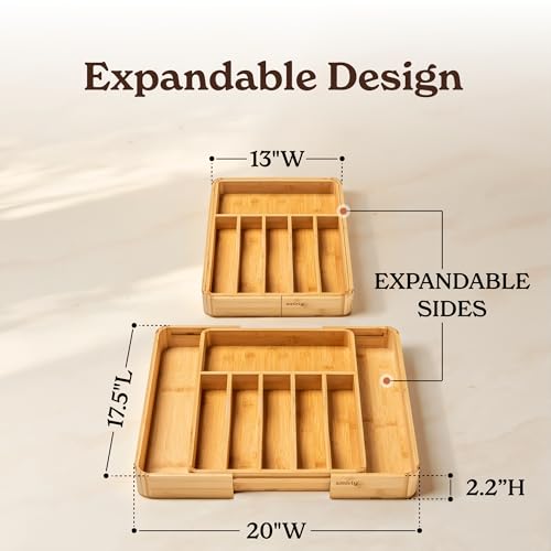 SMIRLY Silverware Drawer Organizer – Bamboo Kitchen Drawer Organizer, Adjustable Utensil Holder and Cutlery Tray, Drawer Dividers for Flatware and Kitchen Utensils | Adjustable, Drawer Dividers, Flatware, Kitchen Utensils - size: 8 Slot