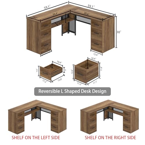 HSH Large L Shaped Home Office Desk with Drawers, Rustic L-shaped Computer Desk with Storage File Cabinet Shelves, Corner Reversible Metal Wood Executive Work Study Writing Table, 59 Inch Bedroom Desk - color: Rustic Oak