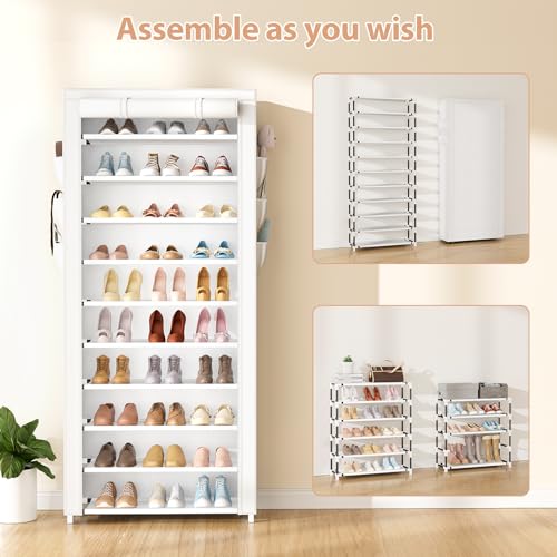VTRIN Vertical Narrow Shoe Rack Organizer Tall Shoe Rack for Closet Entryway 10 Tier Non-Woven Cover Shoe Shelf Holds 36-41 Pairs Free Standing Shoe Storage Cabinet with Dustproof Cover, White - color: White, size: 24.8"W x11.8"D x 68.9"H