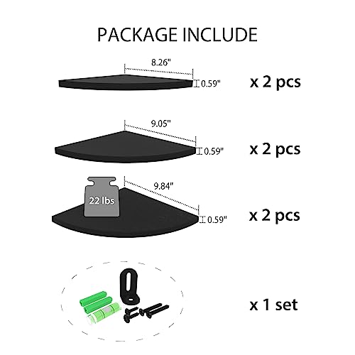HORLIMER Floating Corner Shelf Wall Mount, Set of 6 Rustic Wood Corner Wall Shelves for Bedroom, Living Room, Bathroom, Kitchen (Black) - color: Black - 6 Pack, size: Fan-Shaped