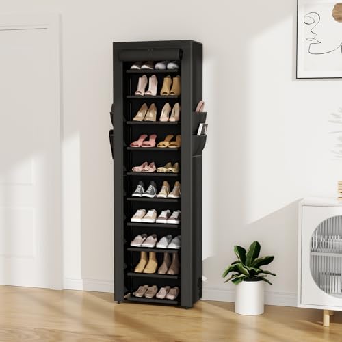 VTRIN Vertical Narrow Shoe Rack Organizer 10 Tier Tall Shoe Shelf Holds 20-22 Pairs with Non-Woven Dustproof Cover for Closet, Entryway Black - color: Black, size: 17.7"W x11.8"D x 68.9"H