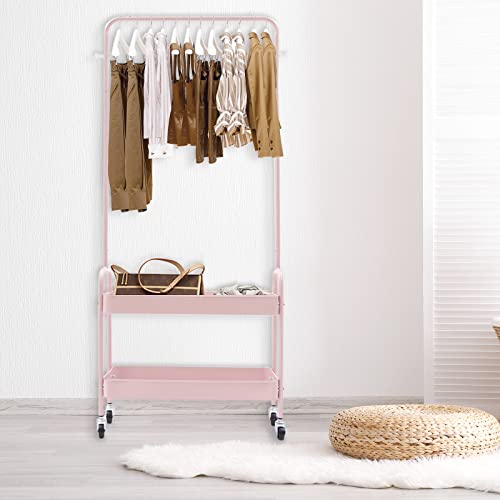 2-Tiers Clothes Rack Freestanding Clothing Garment Rack with Metal Basket Rolling Storage Clothes Shelves Portable Organizer Coat Rack for Entryway Home Bedroom Laundry Small Place (Pink) - color: Pink