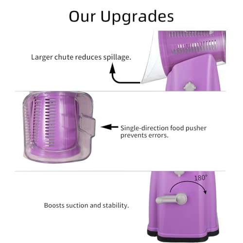 Upgrade Rotary Cheese Grater Shredder with Handle, Strong Suction Base, Multi-purpose Rotary Grater Slicer with 5 Interchangeable Blades for Ice, Vegetables, Fruit, Nuts with Blade Storage Box - color: Purple