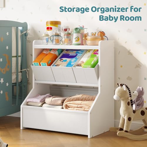FOUCSSOMEI Kids Toy Storage Organizer, 3-Tier Toy Storage Shelf, Narrow Toy Organizer with Removable Bins, Safe Stable Design for Playroom Nursery Living Room, Patent Design - size: Small Size