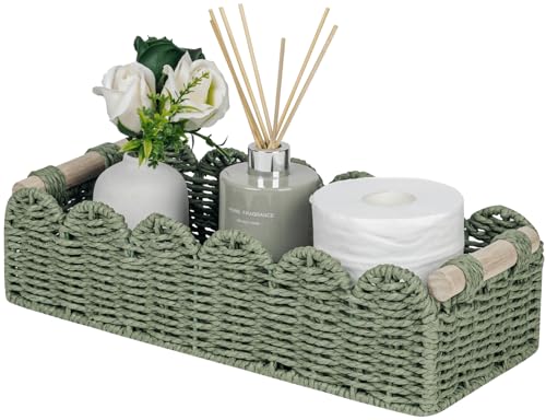 CubesLand Toilet Paper Storage Basket Scalloped Edge Home Decor Green Basket, Living Room Cozy Decor, Paper Rope Small Baskets for Over Toilet Storage Shelf, End Table, Shelves, with 2 Wooden Handles - color: Green, size: M - 14"L x 6.3"W x 3.9"H