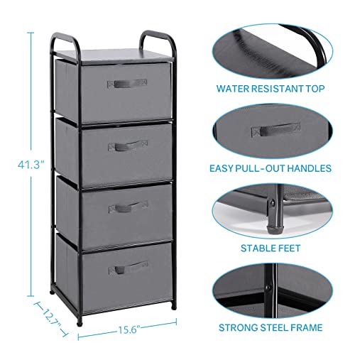 MAX Houser 4 Drawer Fabric Dresser Tall Storage Tower, Dresser Chest with Wood Top, Vertical Nightstand Side Organizer Unit with Metal Frame for Closets Bedroom Nursery Room Hallway(Leaden) - color: Grey3