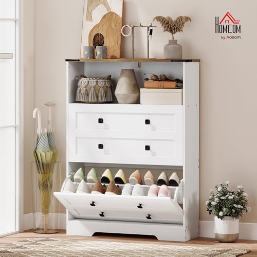 HOMCOM Shoe Cabinet with 2 Flip Drawers, Narrow Shoe Storage Cabinet with Adjustable Shelves and Open Shelf, Farmhouse Storage Organizer for Entryway, Hallway, Holds 12-16 Pairs, White - color: White