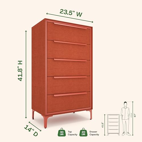 tinge Naima Premium Fabric Dresser - Strong Metal Frame, 5 Spacious Sag-Proof Drawers with Sleek Metal Handles - Premium & Durable Storage Solution for Your Home (Orange) - color: Golden Hour (Orange), size: 14"D x 23.5"W x 41.8"H (5 Drawers)
