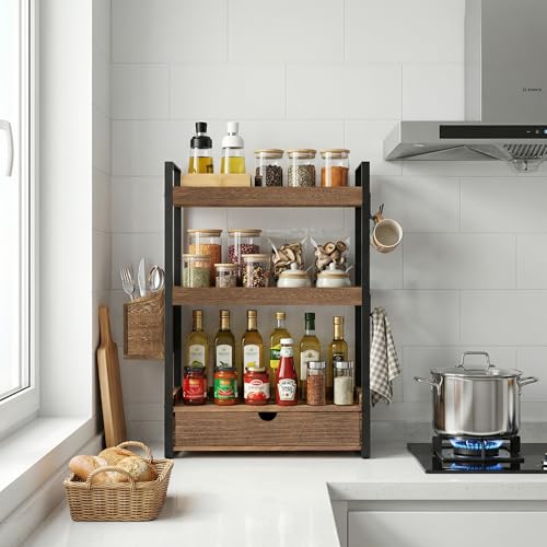 3-Tier Bathroom Counter Organizer with Drawer Basket and Hooks, Wood Bathroom Organizers and Storage for Countertop, Farmhouse Dark Brown Countertop Organizer, Counter Shelf for Vanity, Kitchen,Office - color: Brown